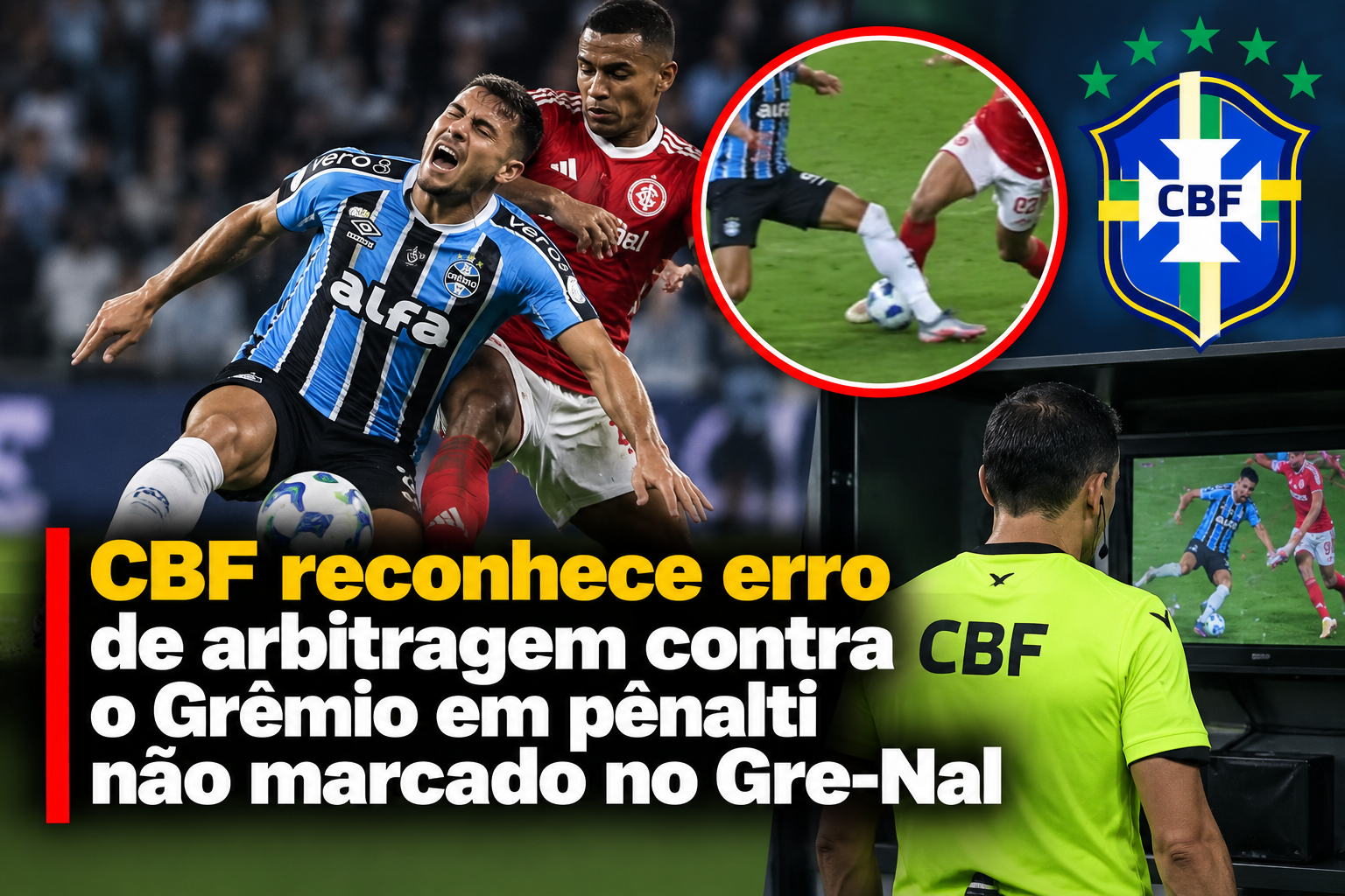 CBF reconhece erro de arbitragem contra o Grêmio em pênalti não marcado no Gre-Nal